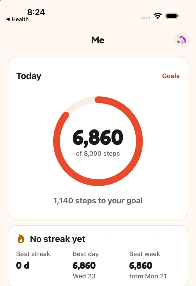 The Me tab: 6,860 of 8,000 steps today, 1,140 steps to the goal, with best day and best week below.
