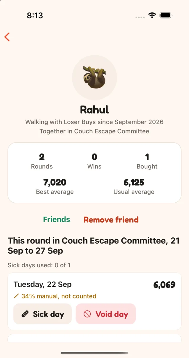 Rahul’s profile: his record in the group, then this round day by day. Tuesday shows 6,069 steps, 34% typed by hand and not counted, with Sick day and Void day buttons.
